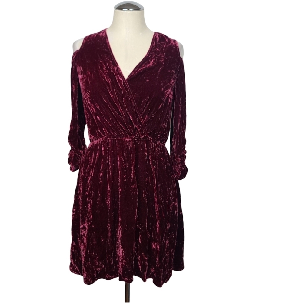 Hale Bob Dark Red Crushed Velvet V Neck Cold Shoulder Ruched Sleeves Mini Dress